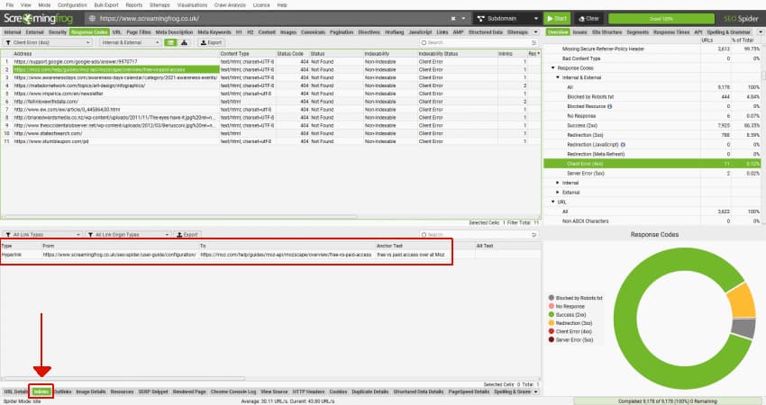 Select 'inlinks' in ScreamingFrog to see pages links to a 404 page.