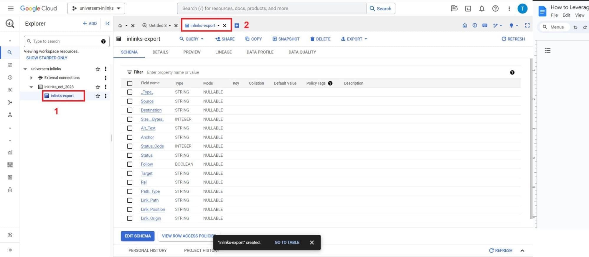 The BigQuery interface where you can see your dataset and your table.