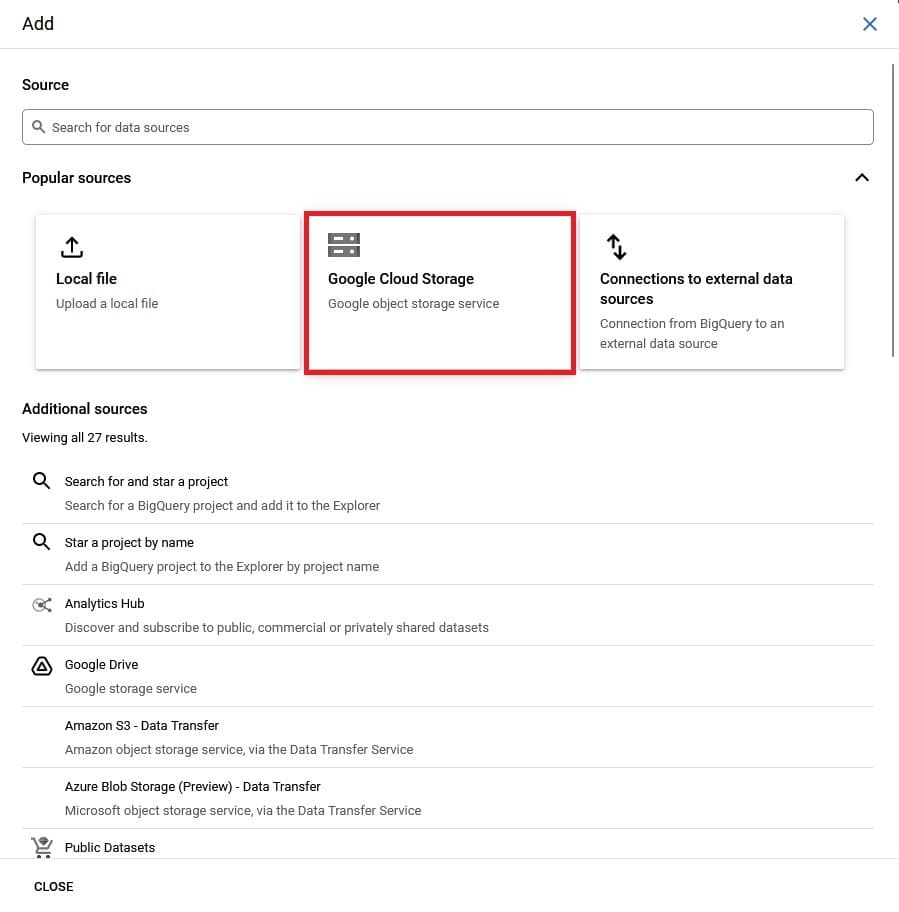 The Cloud Storage button to select the source of the data that will be used in BigQuery.