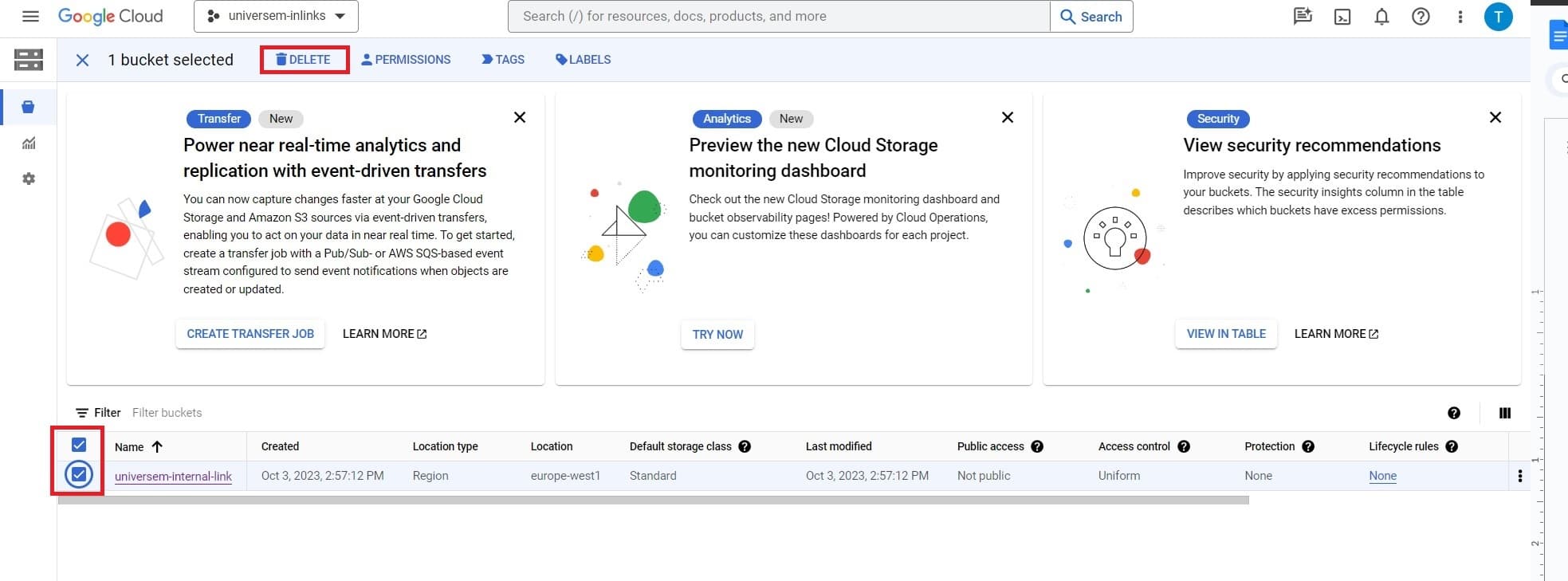 The Cloud Storage interface where you can delete the old bucket, now useless.
