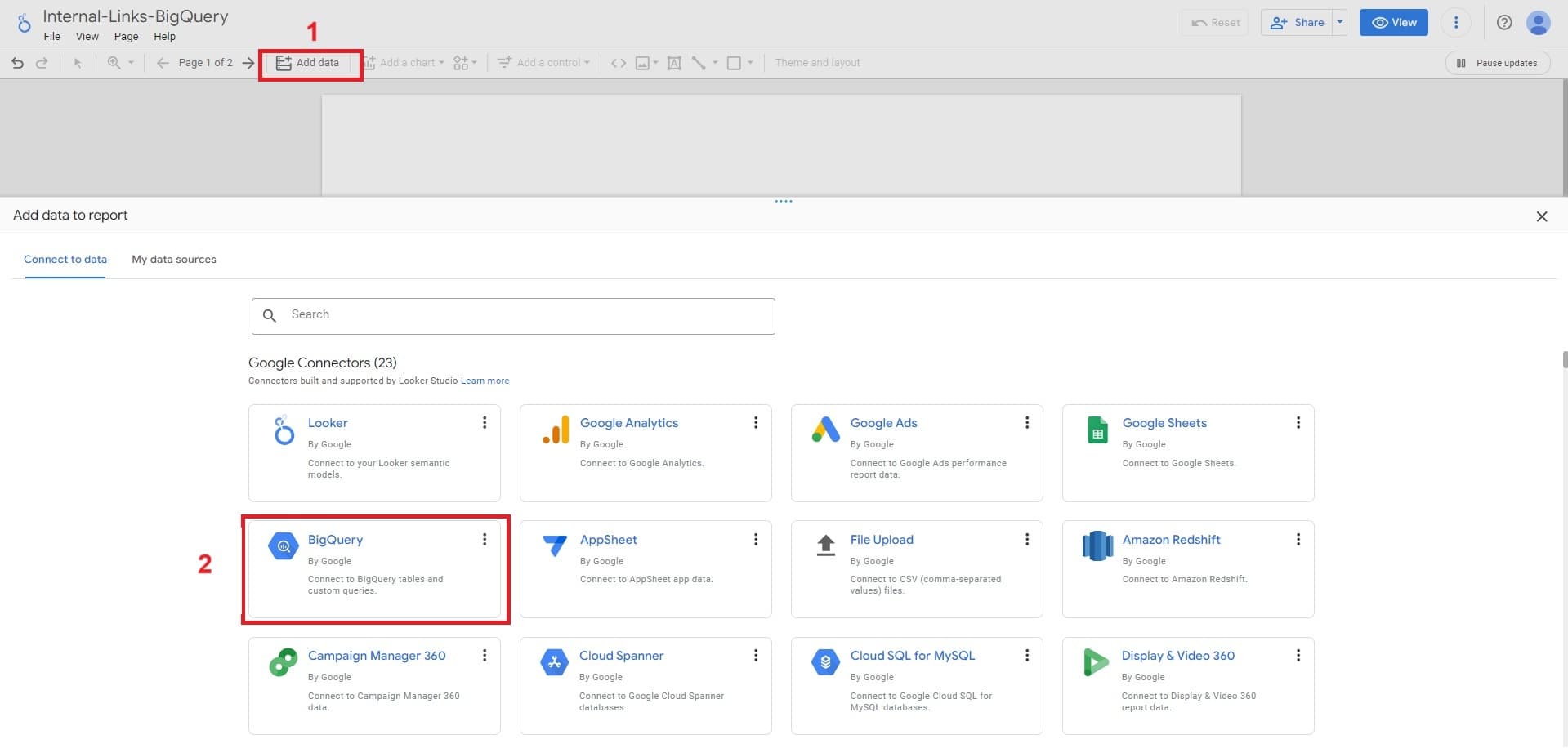 The Looker studio interface where you can choose BigQuery as a data source.