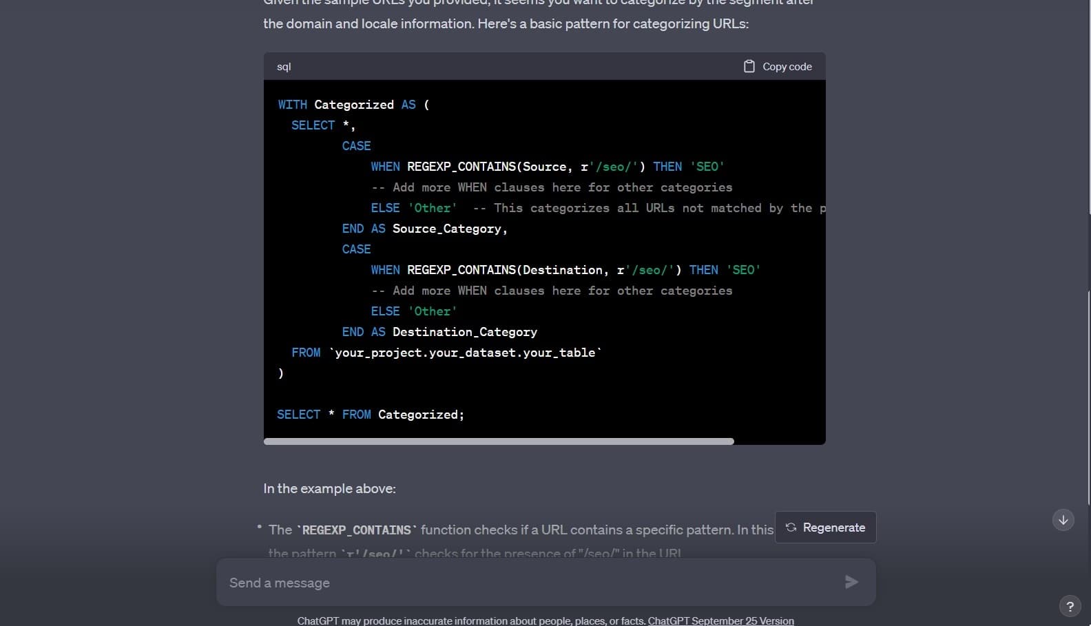 The SQL code provided by ChatGPT.