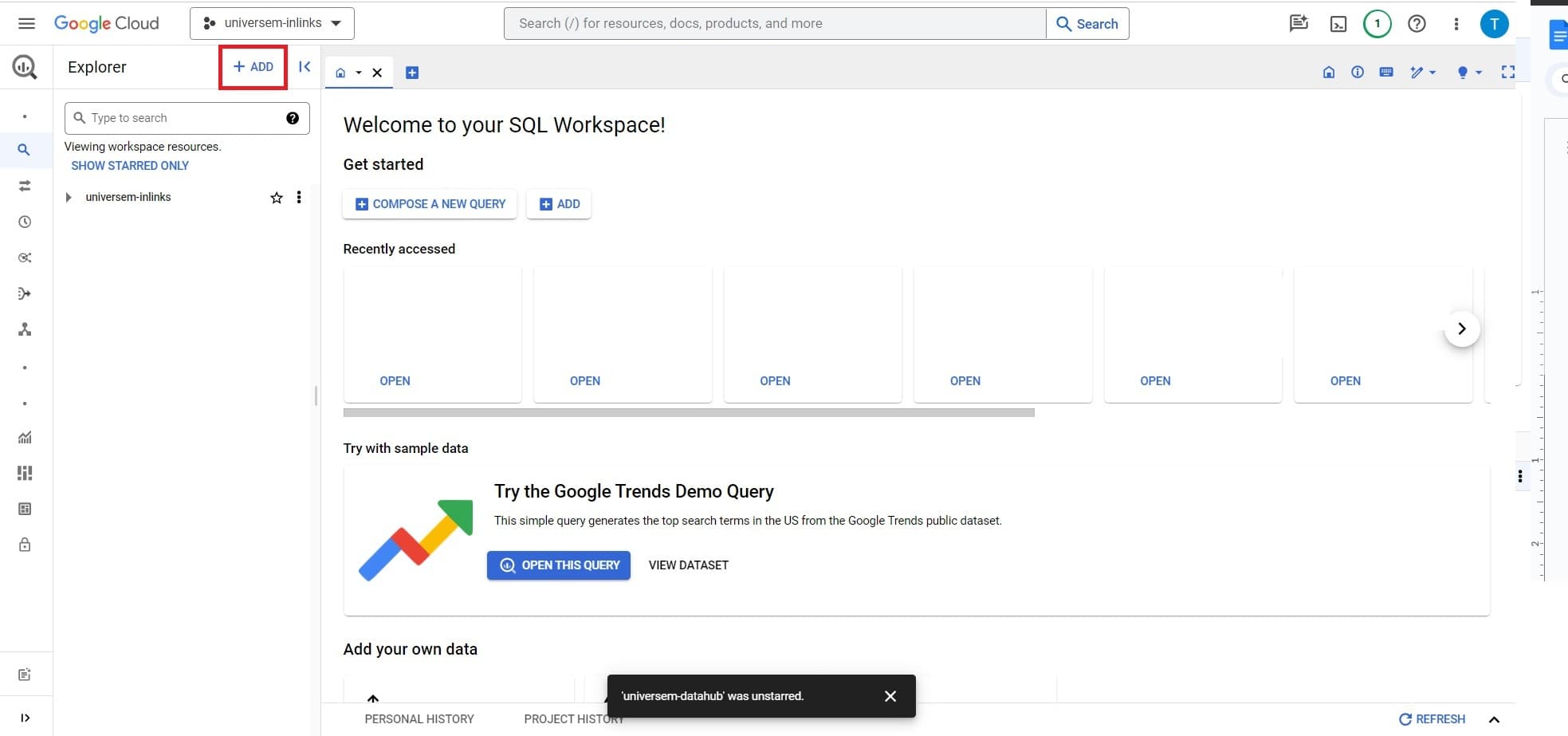 The button to add a new dataset in BigQuery.