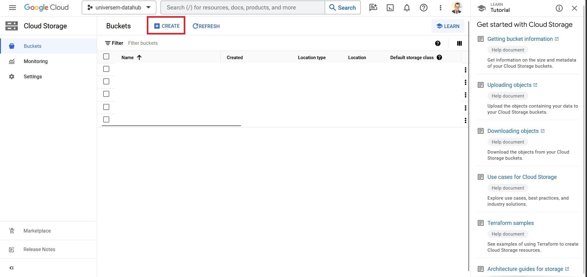 The button to create a bucket in the Cloud Storage section.