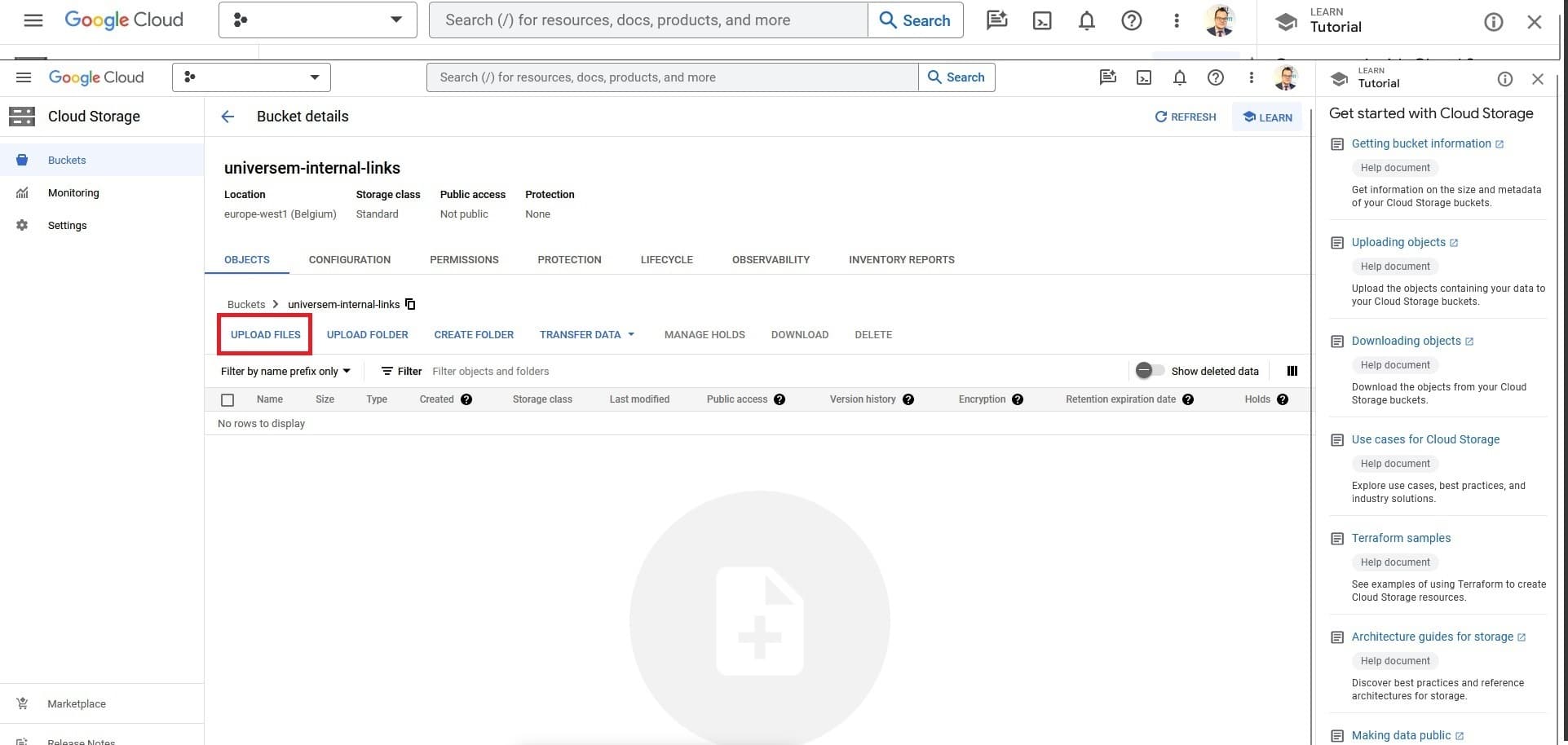 The button to upload files in a bucket in the Cloud Storage section.