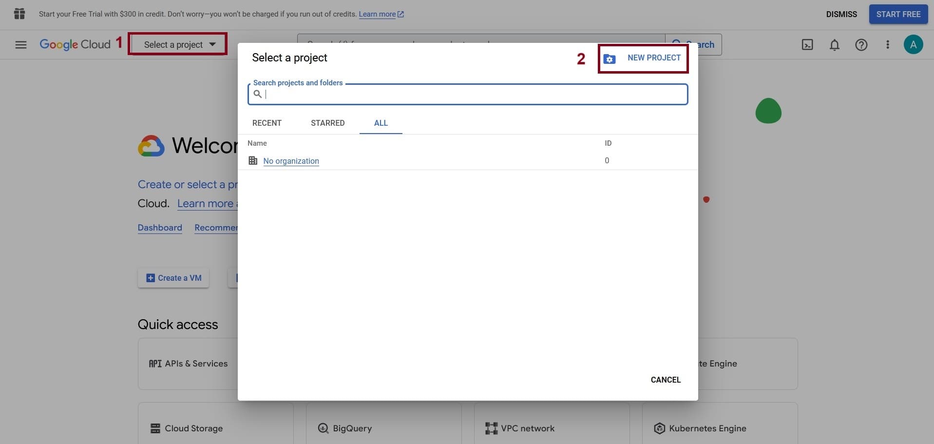 The landing page where you can choose or create a project in Google Cloud.