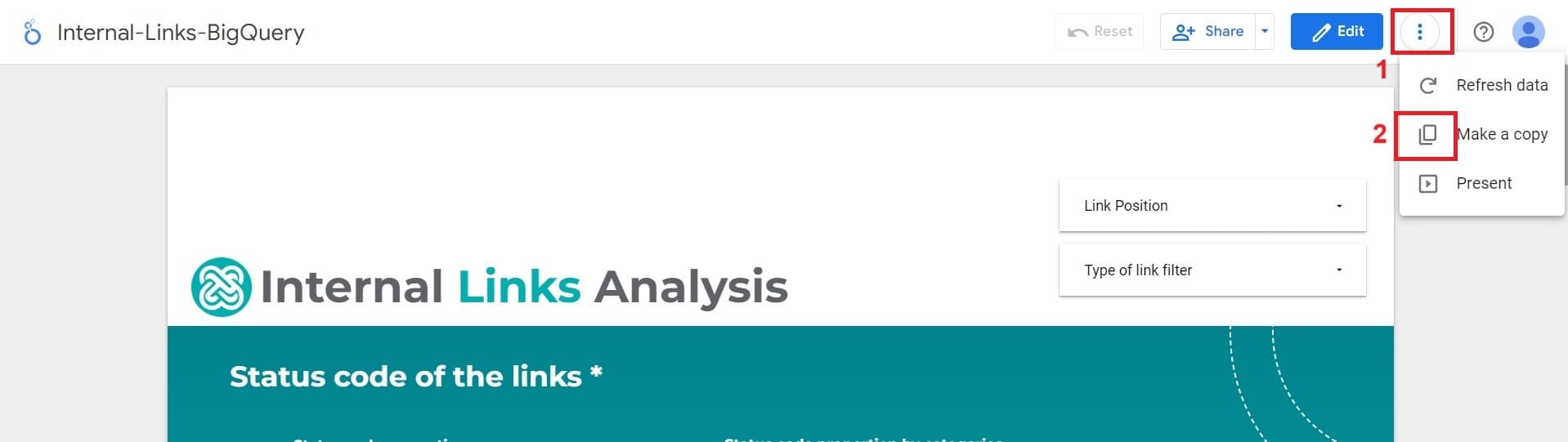 The options to copy the Dashboard template.