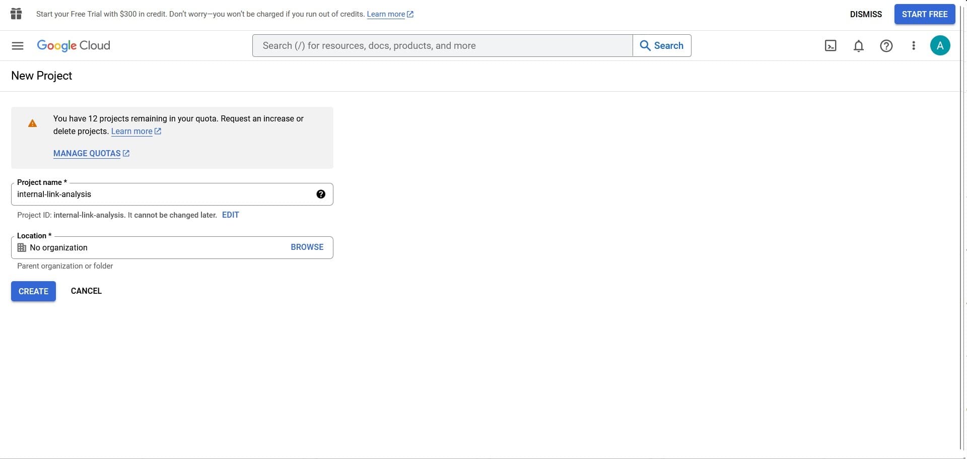 The page where you enter the name for a new project in Google Cloud.