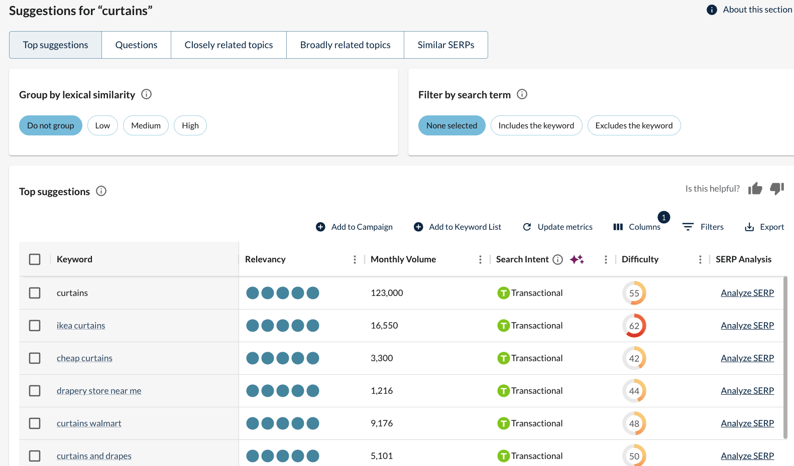 Use filtering in Moz keyword suggestions