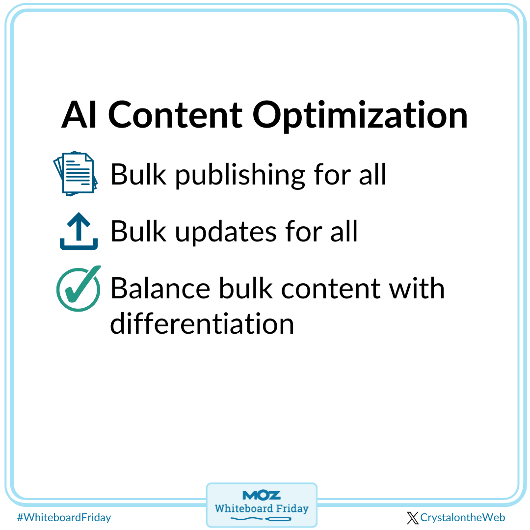 AI content optimization, including bulk publishing, bulk updates and bulk content