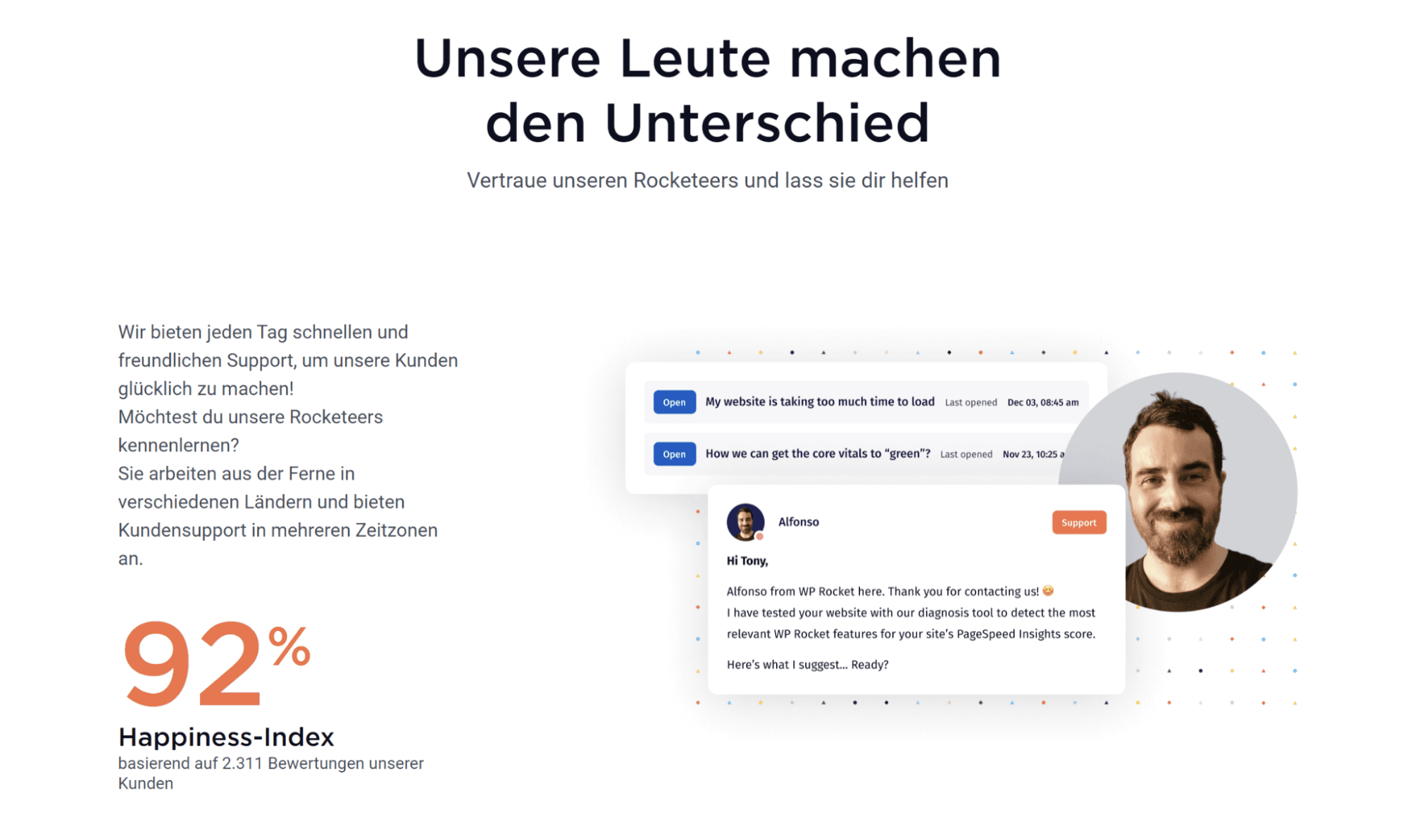 WP Rocket German homepage team testimonial section with English content in it.