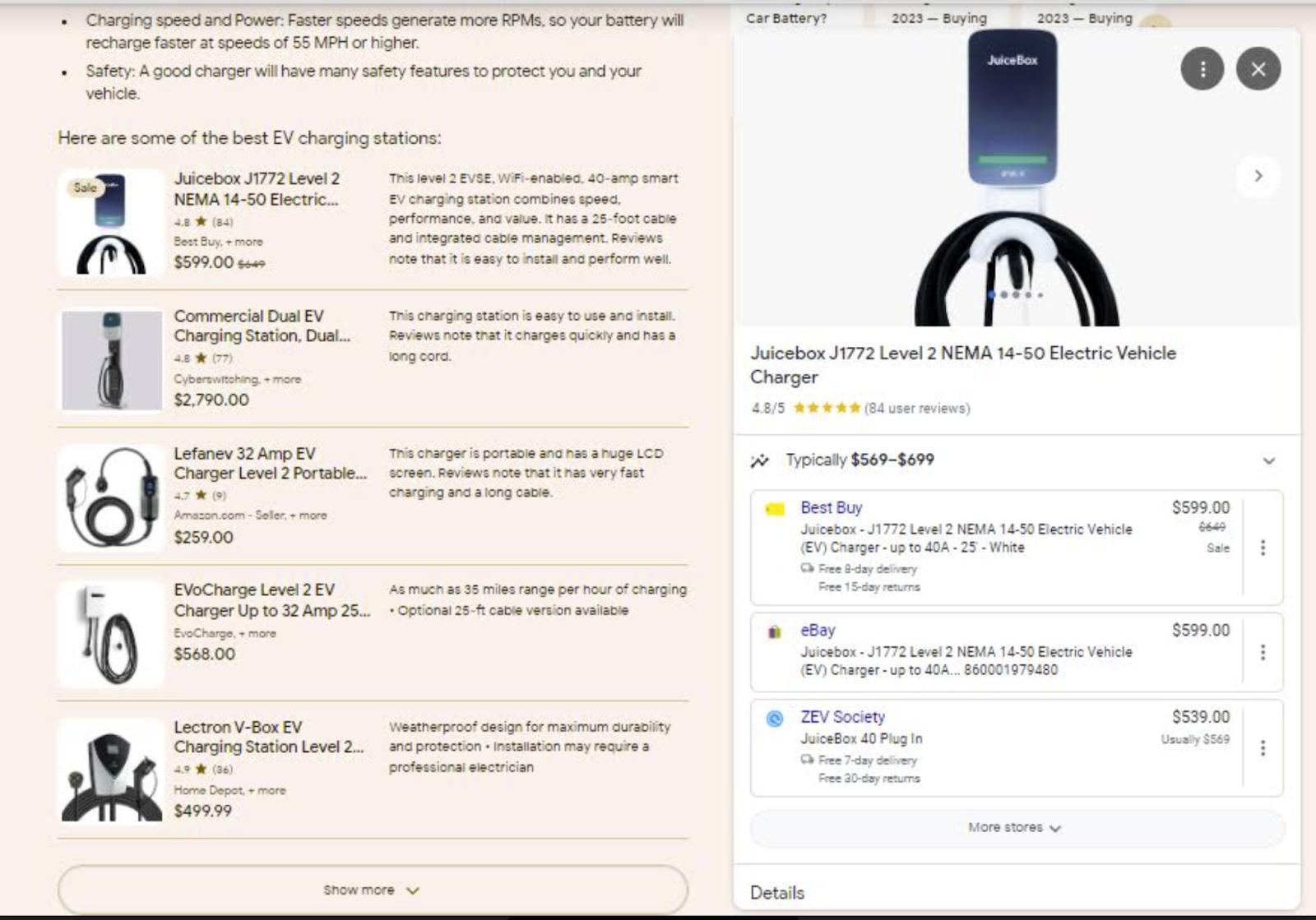 a card within an SGE result featuring products at online and offline retailers