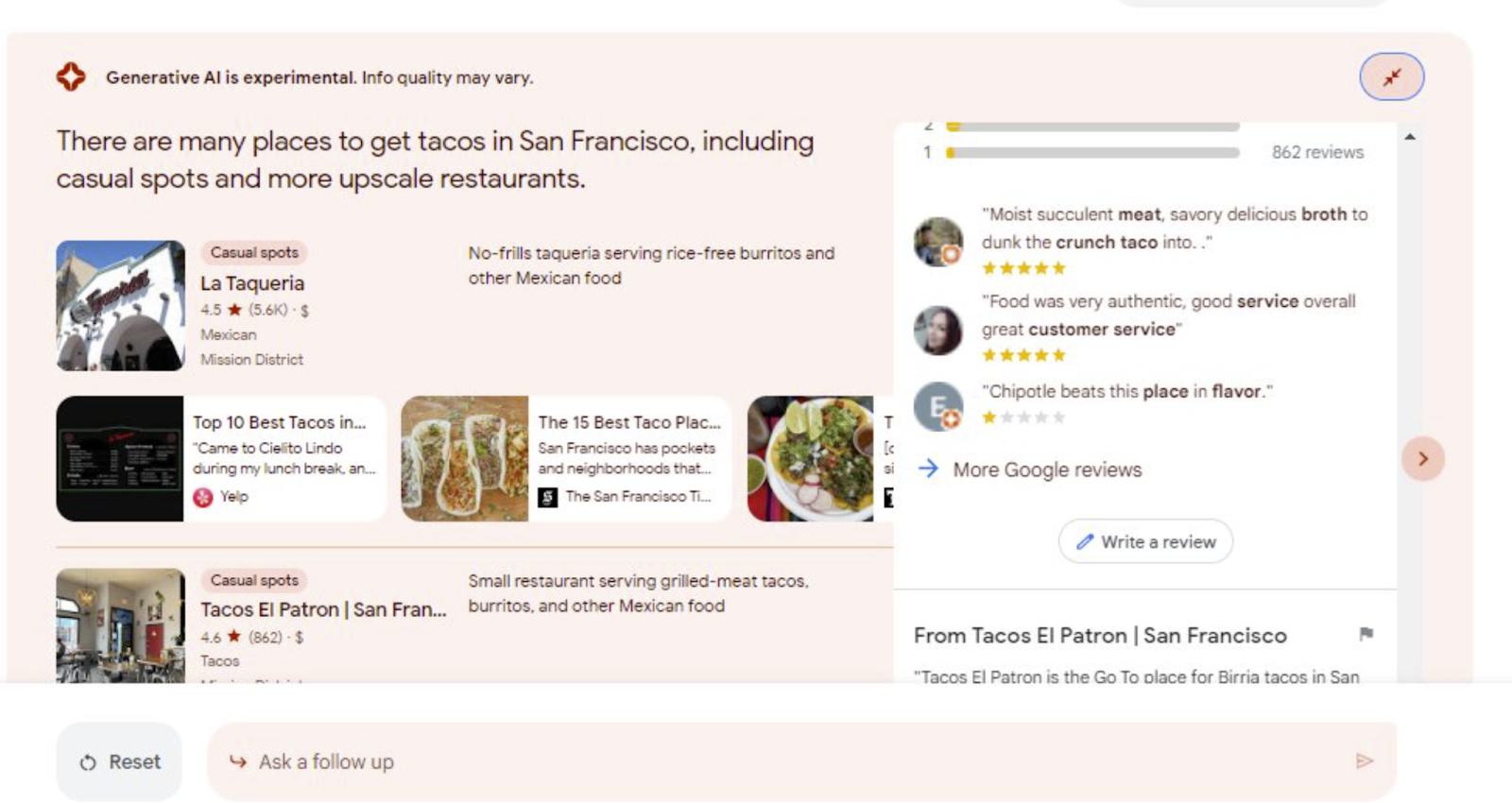 image of UX error in SGE, with Google Business profile overlapping results.