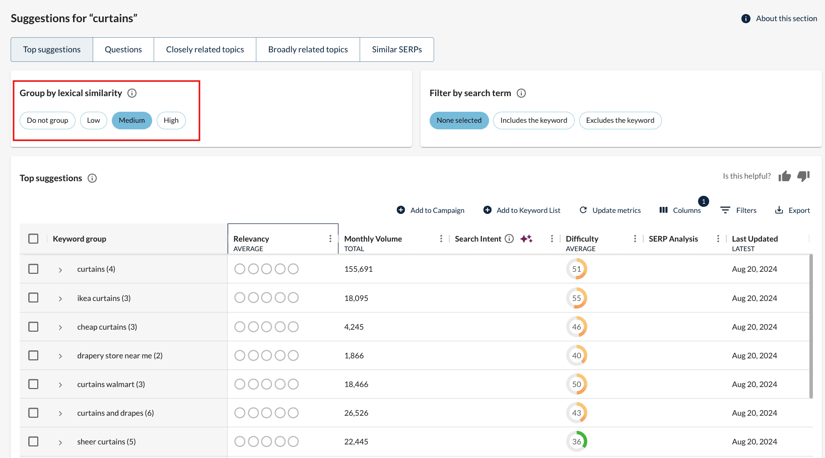 Grouping keywords by lexical similarity in Moz