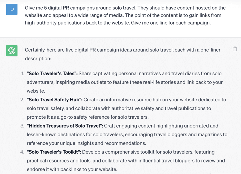 A screenshot of ChatGPT's answer to the query 'give me 5 digital PR campaign around solo travel'