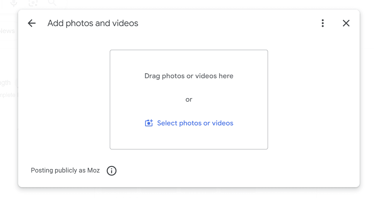 Screenshot showing where to drag your video to upload it to your Google Business Profile