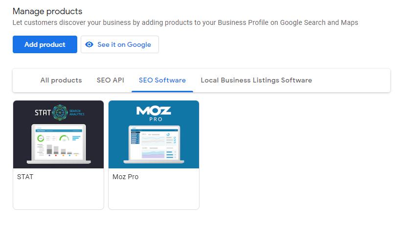 Additional products in the GMB dashboard.