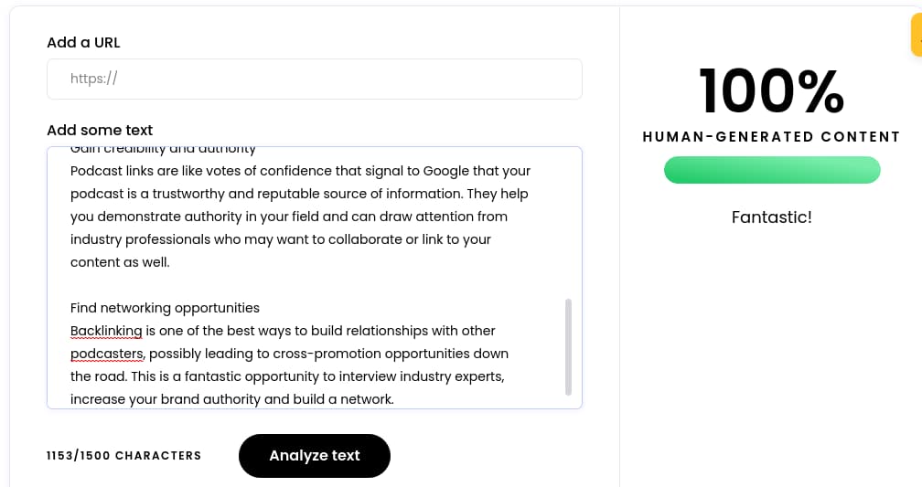 AI detection tool interface showing analyzed text results