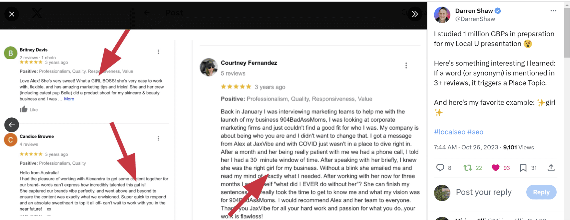 Screenshot demonstrating that if something is mentioned 3 times in reviews, it can become a place topic.