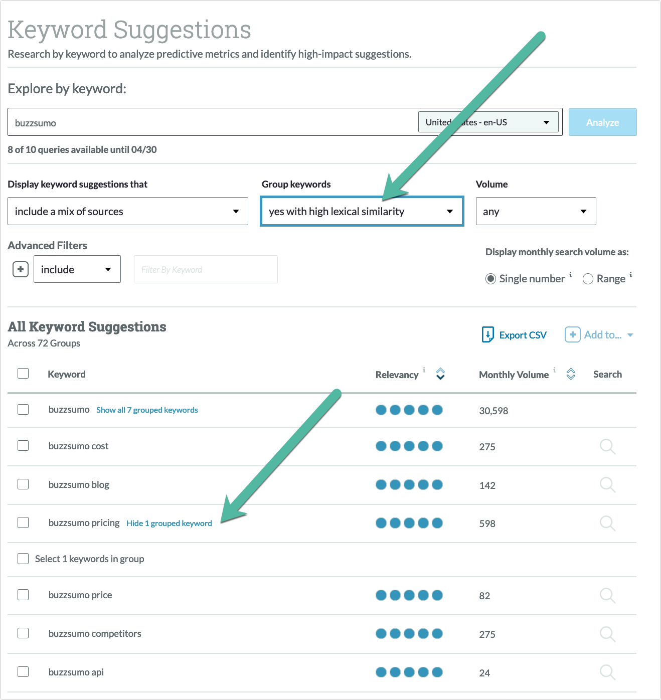 Screenshot of Moz Pro keyword suggestions list for Buzzsumo.