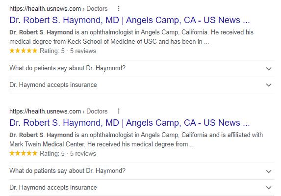 Search results in Google for an ophthalmologist called Robert S. Haymond.