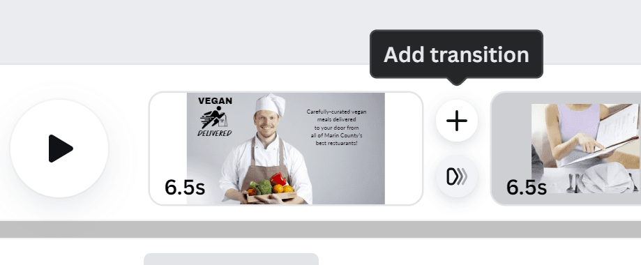 Screenshot showing how to add transition effects between slides in Canva