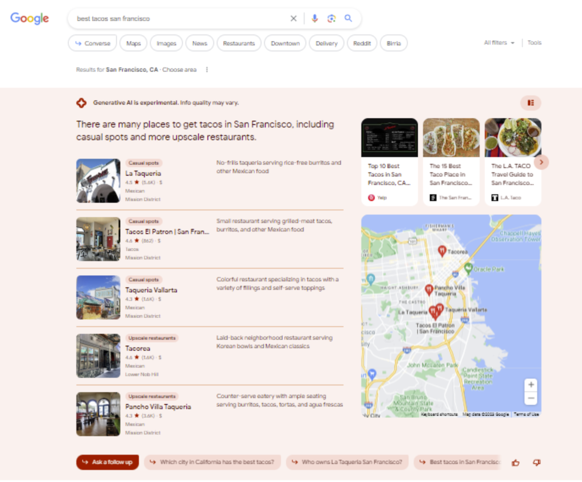 image of Google Search Generative experience showing a 5-pack of local results, a map, and other features in response to a local query