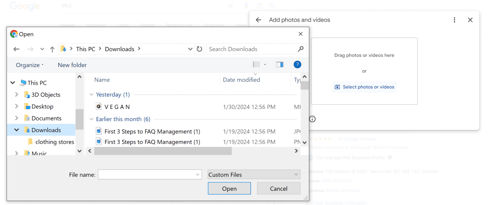 Select the file you want to upload to your Google Business Profile