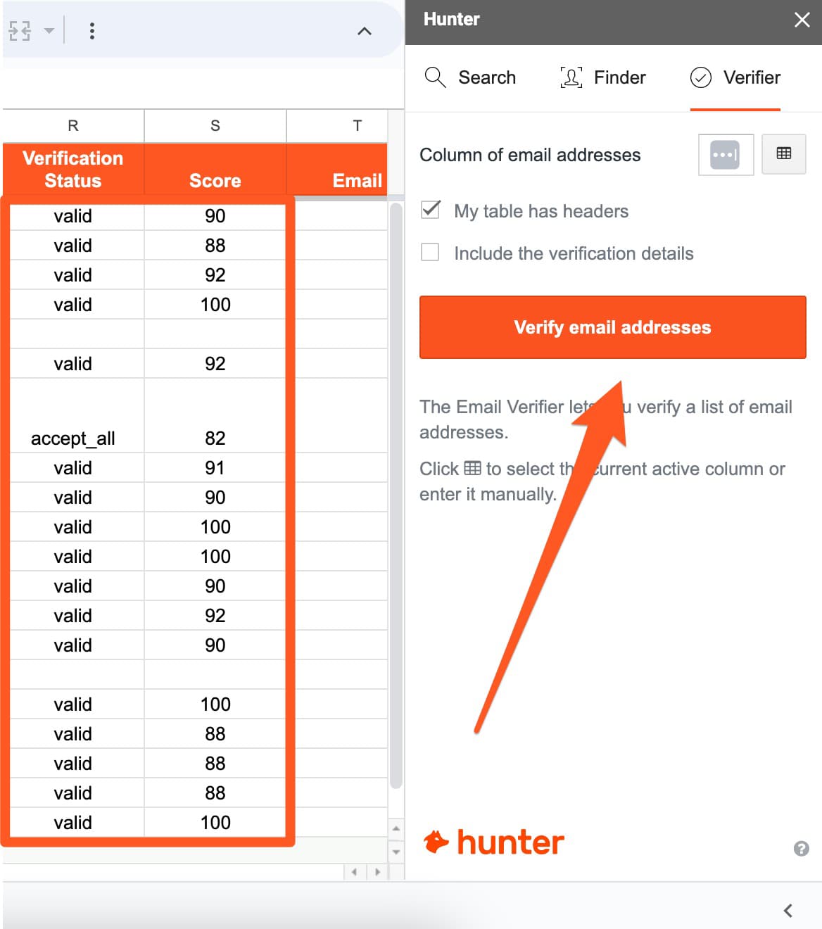 Verify email addresses in bulk with Hunter for Sheets