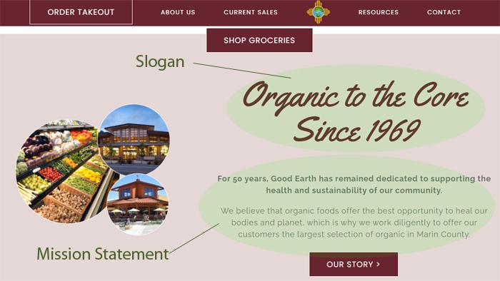 Home page of grocery store site with slogan and mission statement displayed.