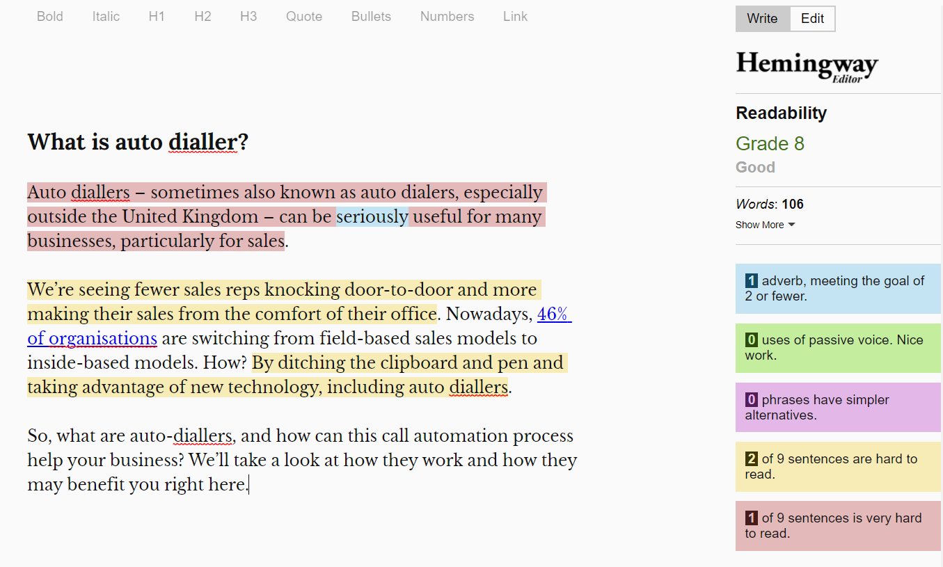 Screenshot of Hemingway's readability checker.