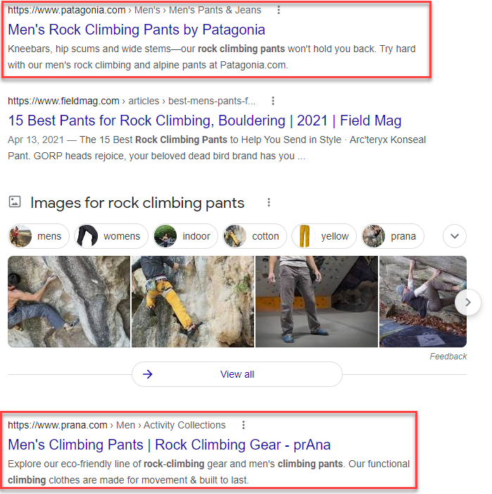Google search results page for men's rock climbing pants.