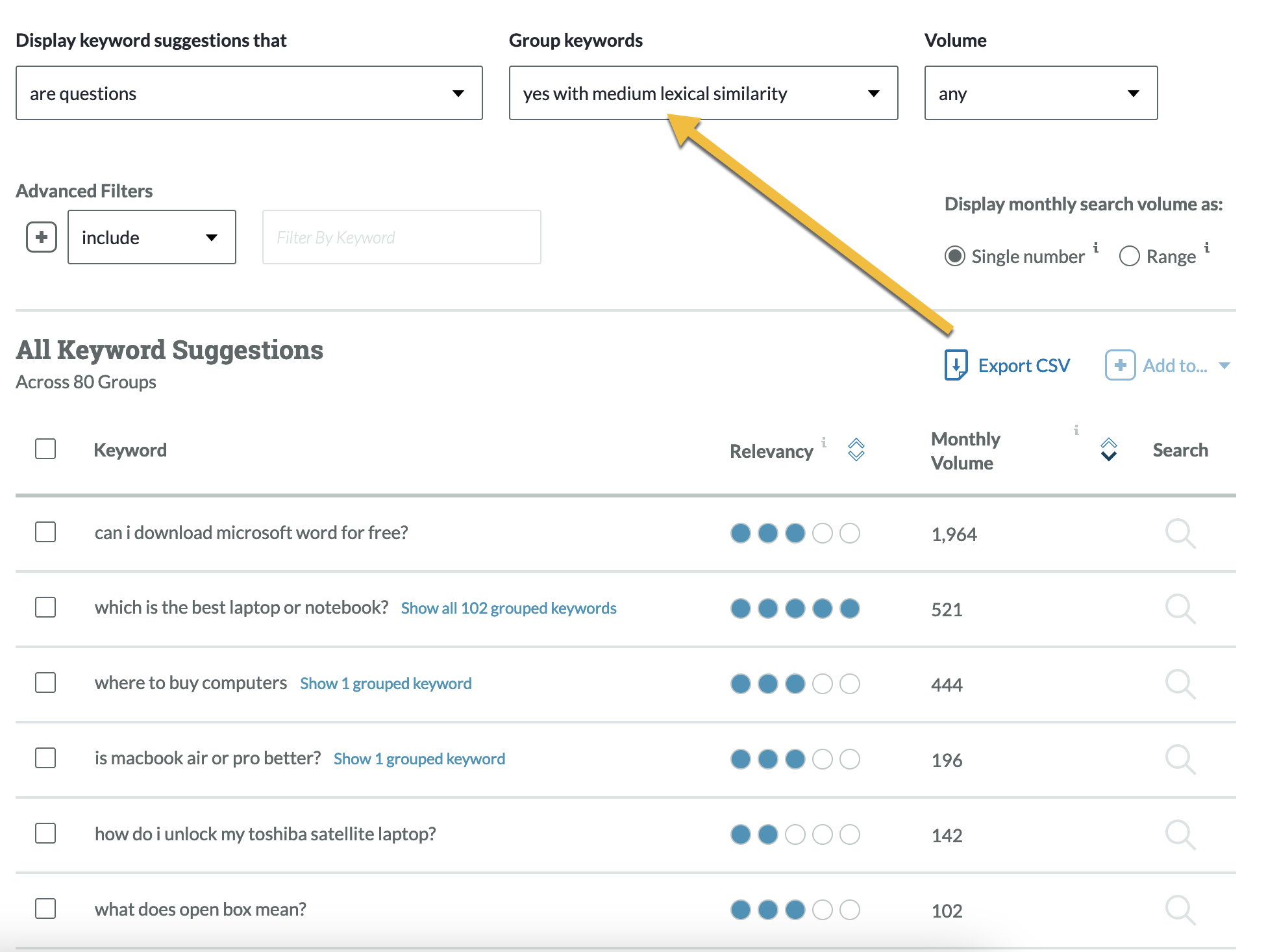Moz’s keyword research tool groups questions by similarity