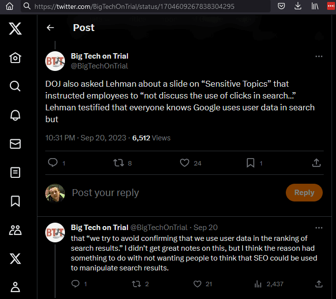 Tweet quotes evidence from Eric Lehman. He said "we try to avoid confirming that we use user data in they ranking of search results".