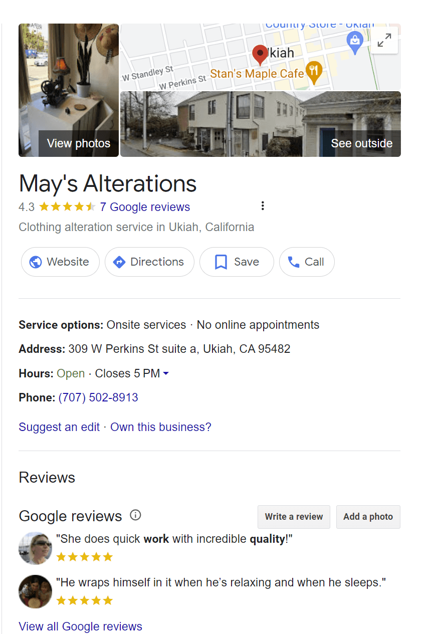 A Google Business Profile for a small clothing alterations business.