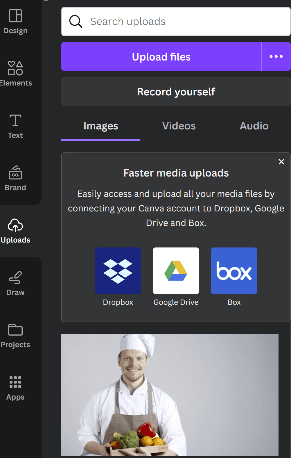 A screenshot showing where your uploaded files appear in Canva