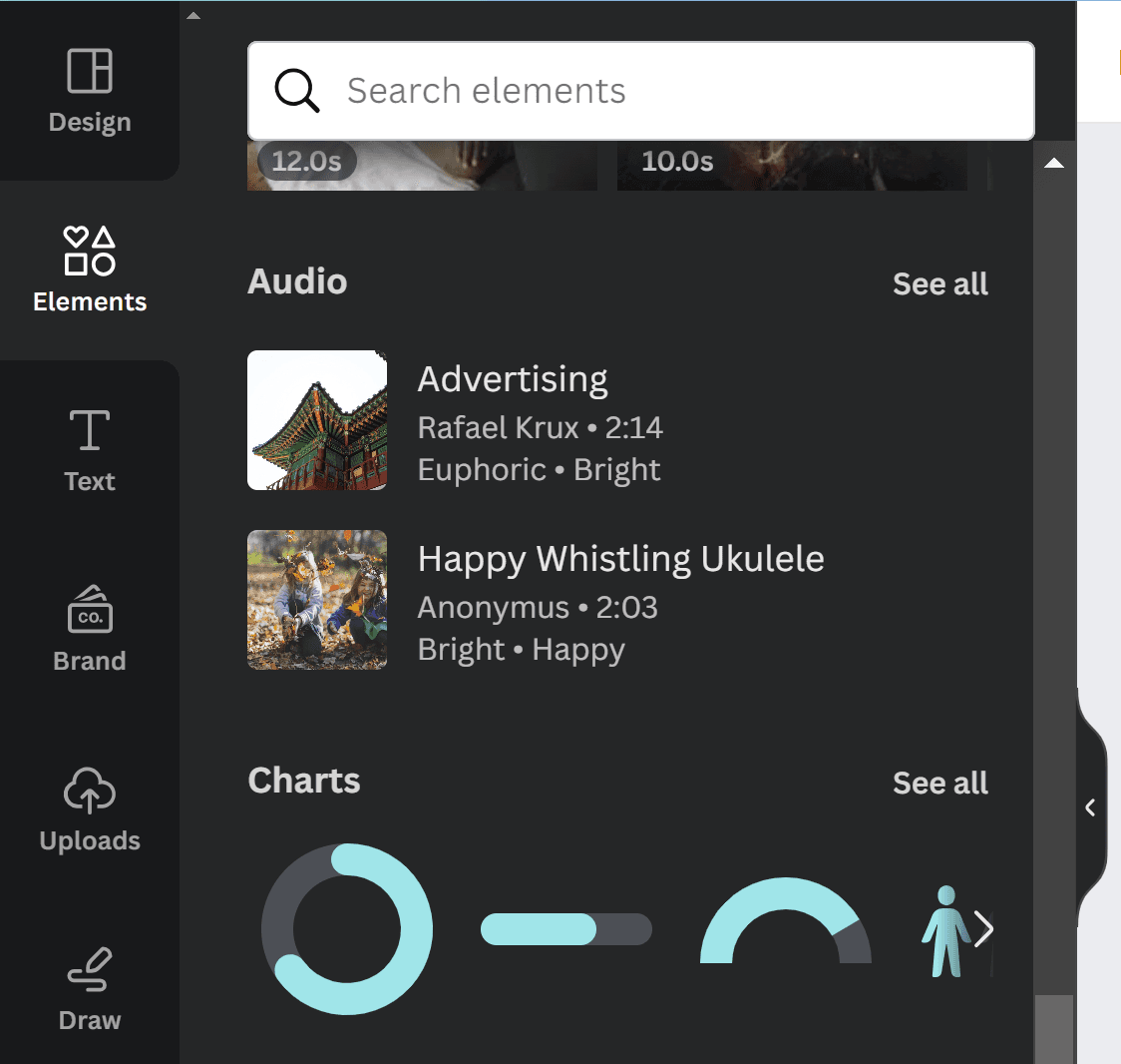 Screenshot showing you how to add audio to the video you are creating in Canva