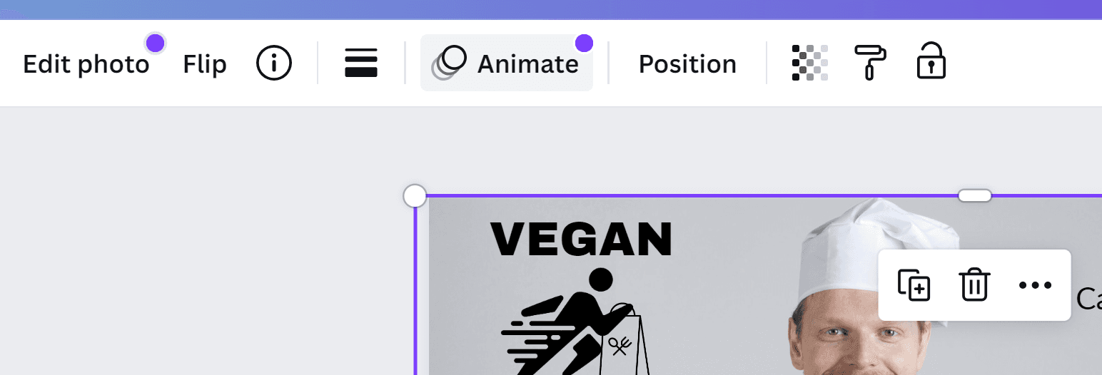 Screenshot showing how to add a fade-in effect to your first slide in Canva via the 'animate' button
