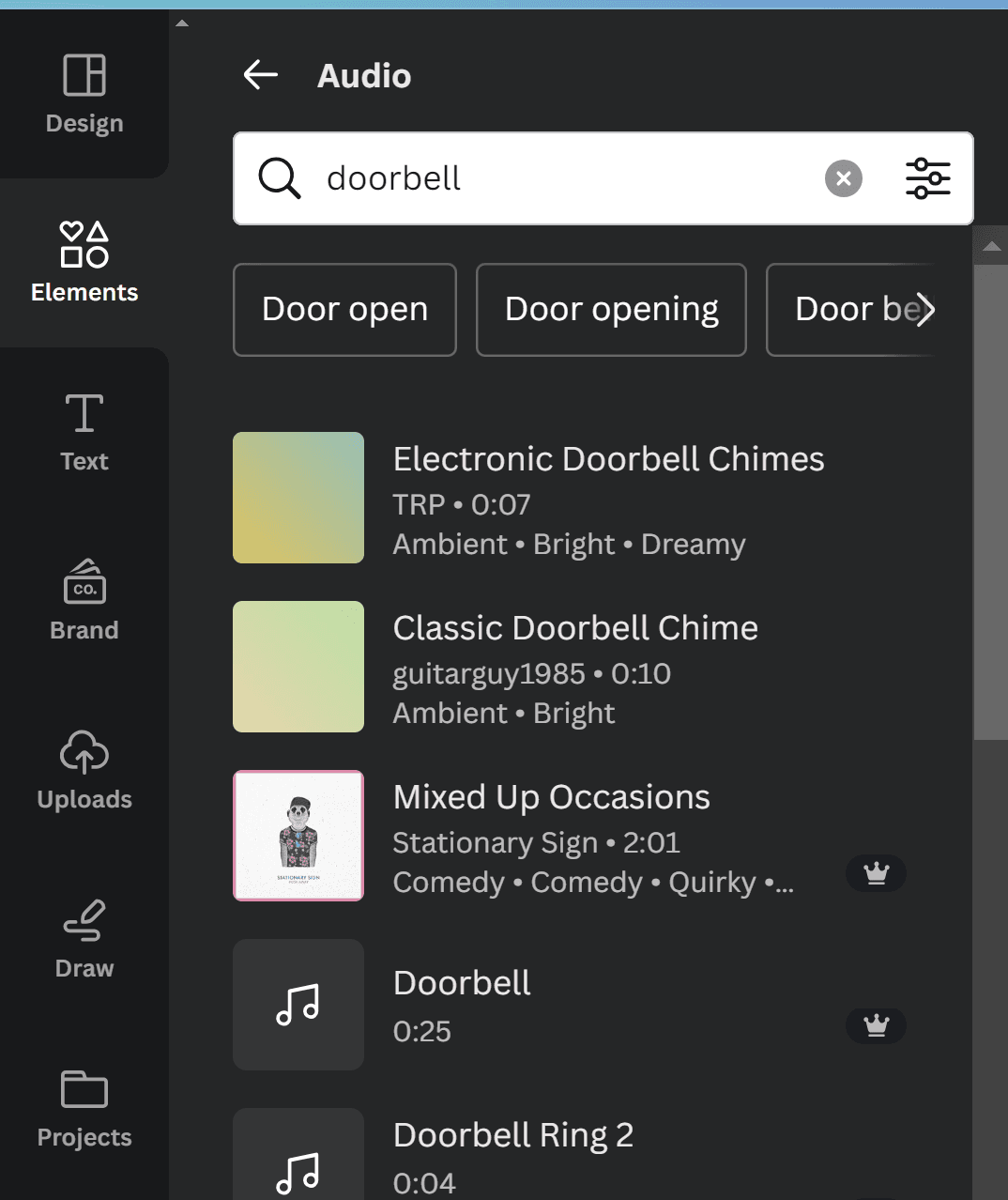 Screenshot showing how to add other audio effects to your video in Canva, such as a 'doorbell' sound