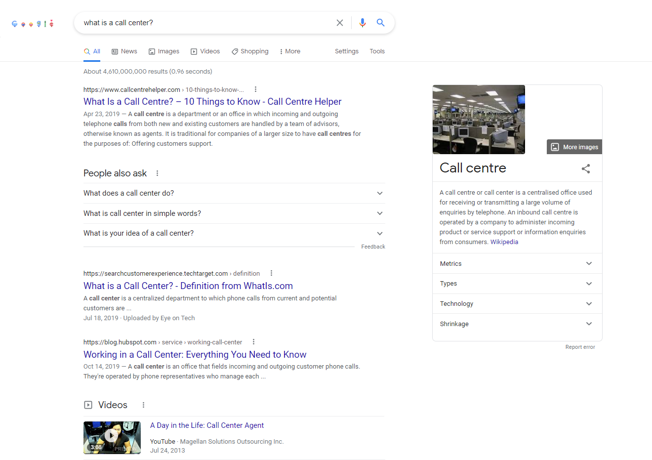 Google SERP for 'what is a call center?'