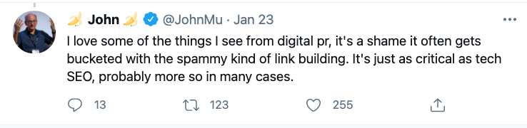 Tweet from Google's John Mulller discussing Digital PR.