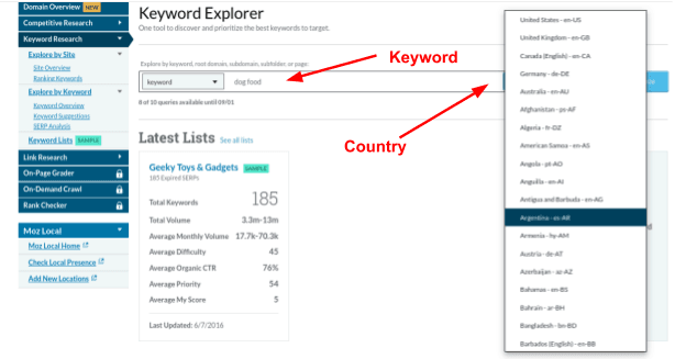 How to enter keyword and country in Keyword Explorer
