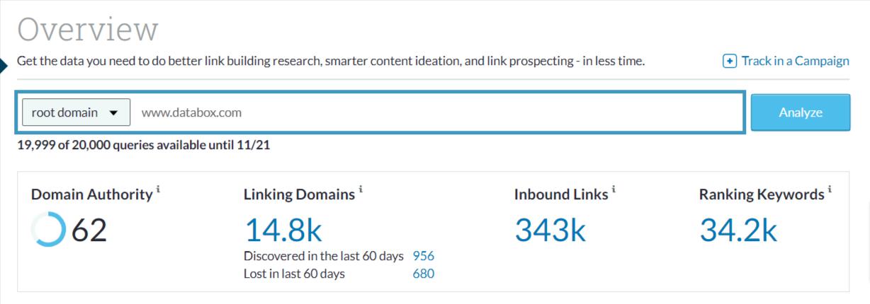A Moz report showing that Databox has over 343,000 backlinks from 14,800 unique domains.