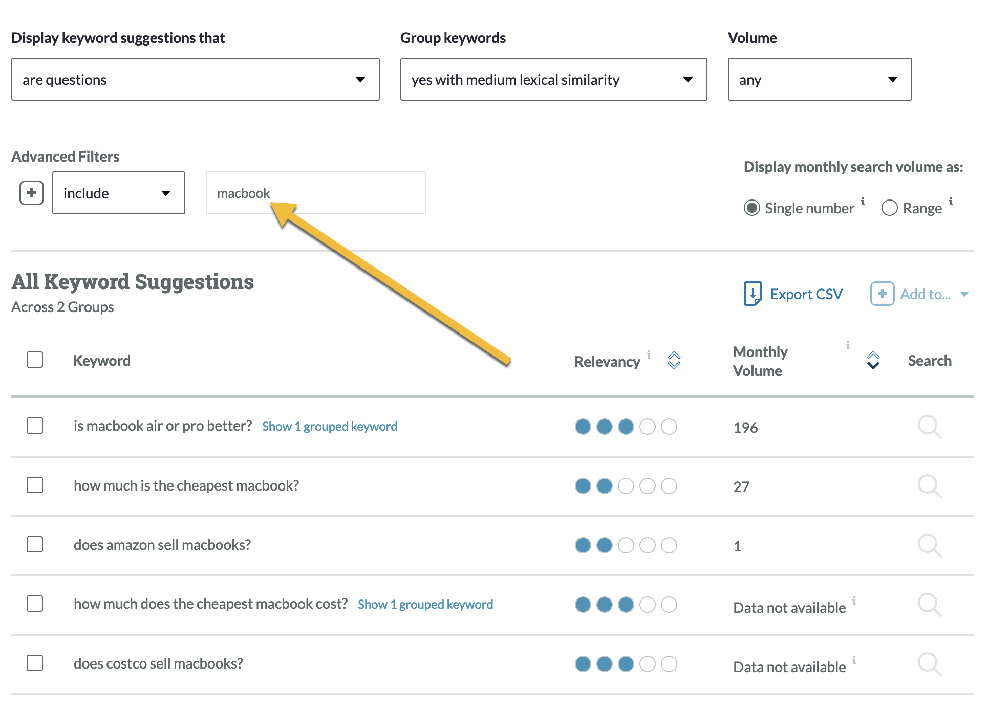 Moz’s keyword research tool filters questions by a keyword modifier