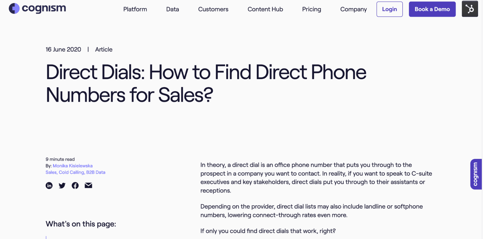 Cognism's Direct Dials money keyword page after it was optimized for search