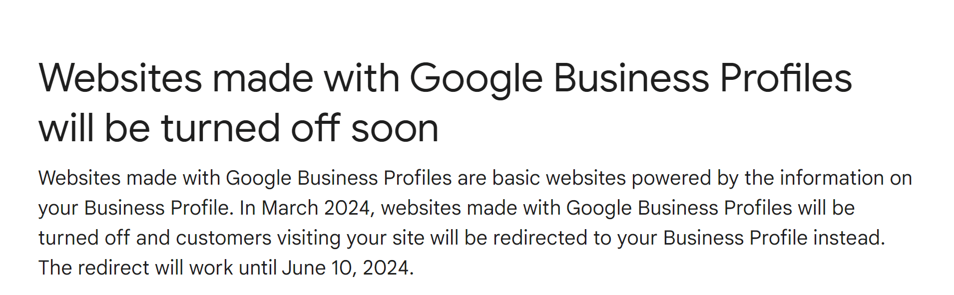 Google announces it is shutting down websites made with Google Business Profiles in March of 2024.
