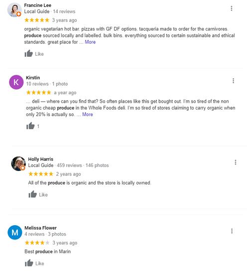 Google review filtered by specific place topics.
