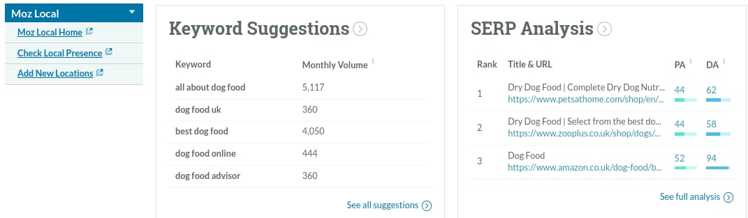 Keyword suggestions panel in Keywords Explorer tool