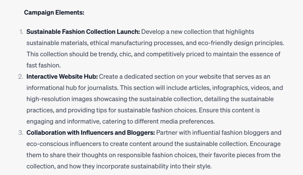 A screenshot of ChatGPT's response when asked to come up with additional elements for a fast fashion campaign idea.
