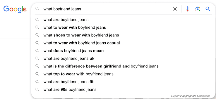 Screenshot of Google's suggested searches for what boyfriend jeans
